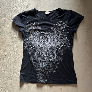 Ever Blue Black Vtg Tee With Silver Rose And Rhinestones Design